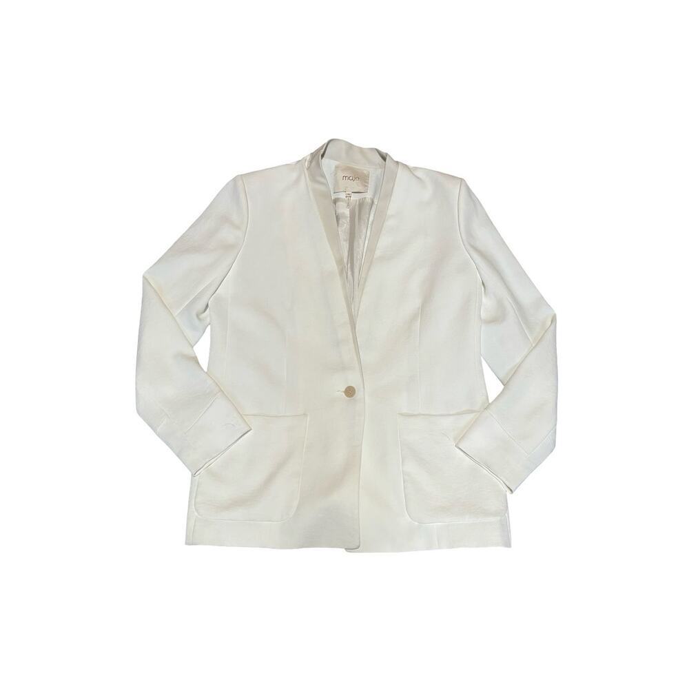 Maje Ivory Crepe Blazer Leather Trim Tailored Career Jacket US 8